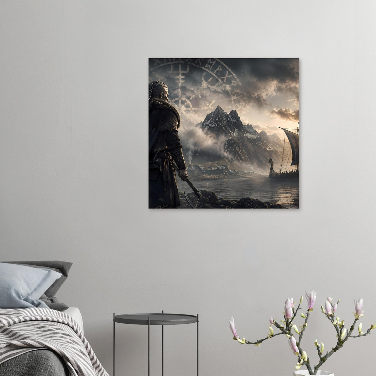Wikingerkrieger-Poster an der Wand: Figur links, Runenkreis, Langschiff, Fjord