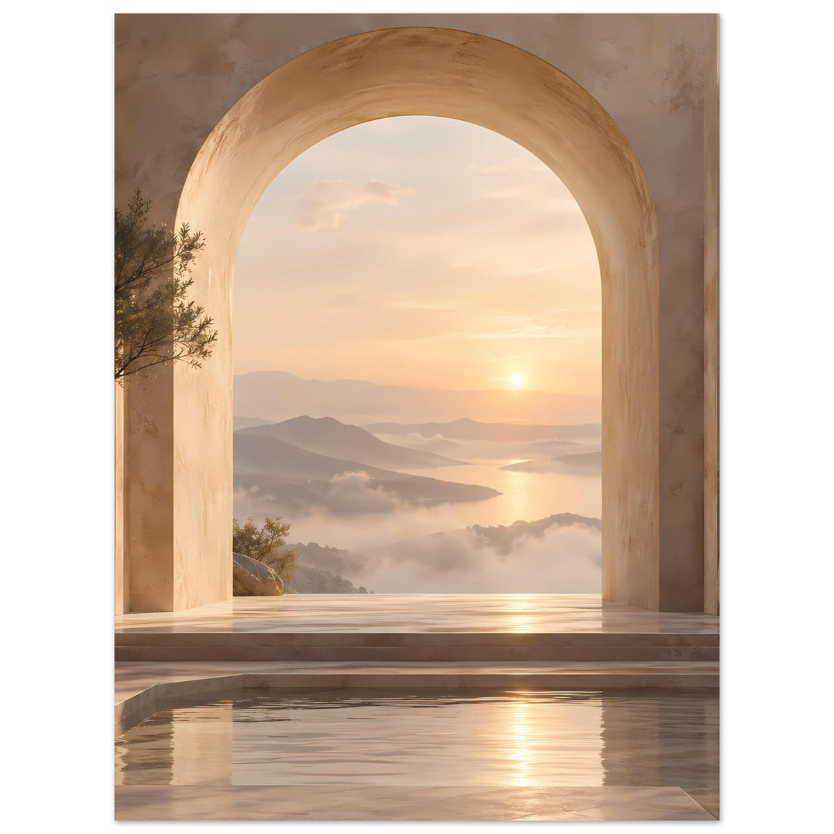 Wandposter mit Rundbogen, warmer Himmelsschimmer über Bergen, Nebellandschaft und Wasserbecken