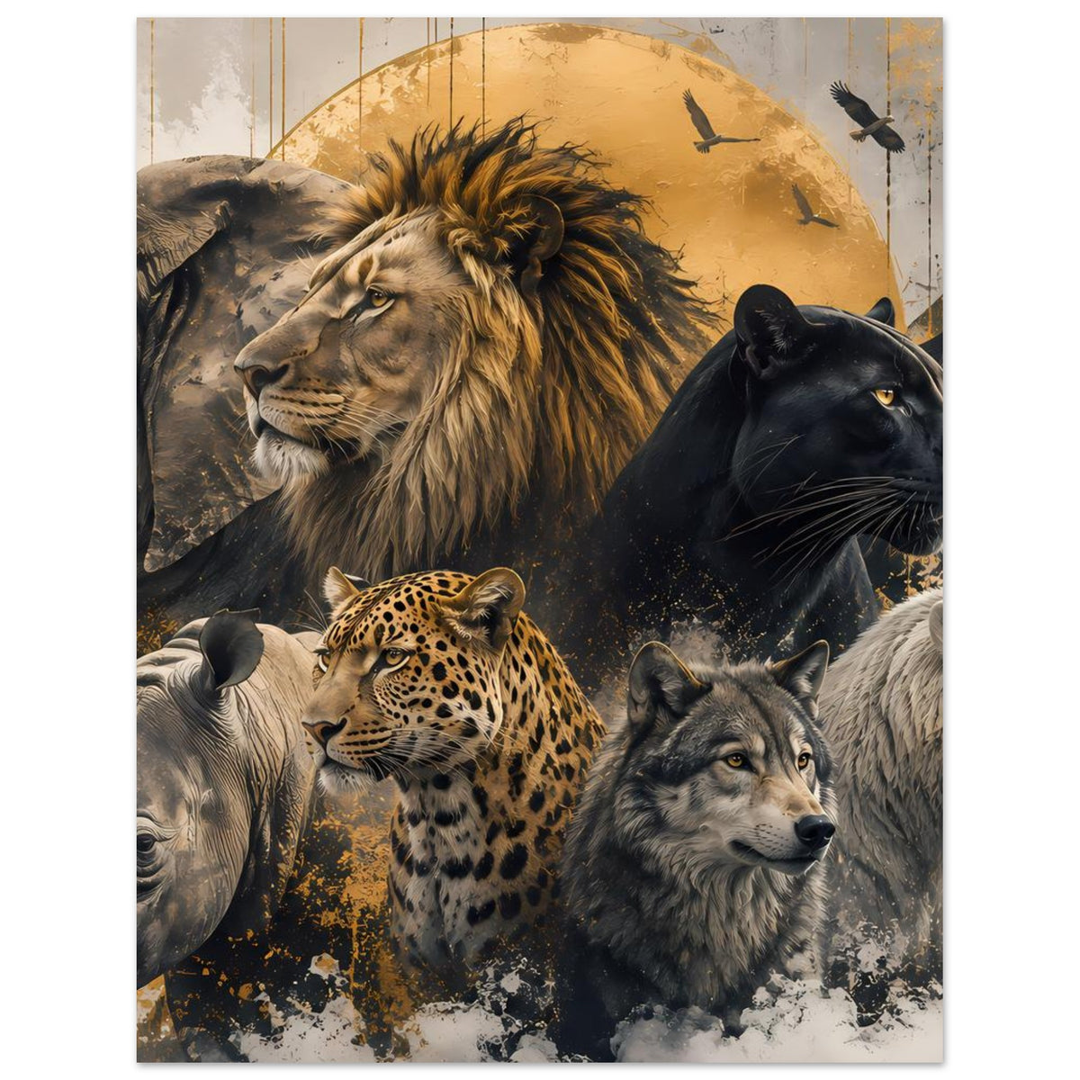 Poster: Löwe und Panther im Fokus, Leopard in der Mitte und Wölfe unten