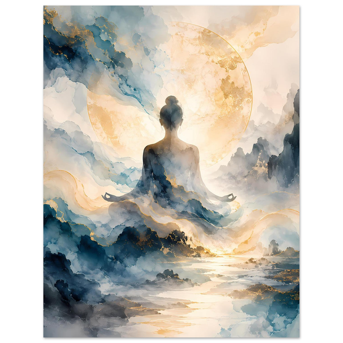 Zen-Poster im Hochformat: Meditationssilhouette im goldenen Mond, Wolken und Nebel in Blau