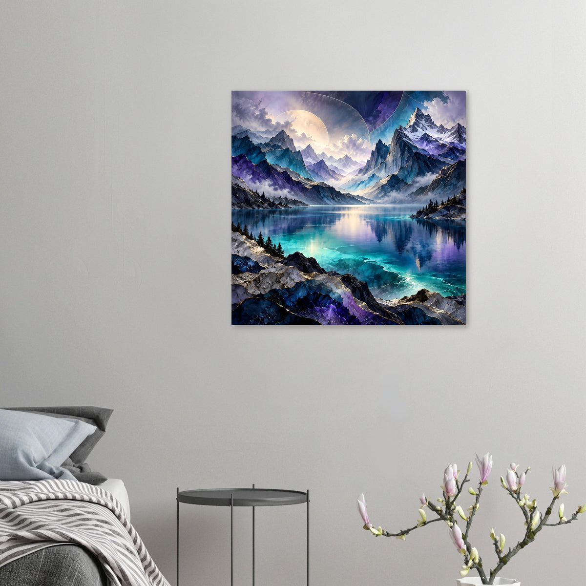Kleines Bergsee-Poster mit türkis schimmerndem Wasser, Bergen und Mondschein