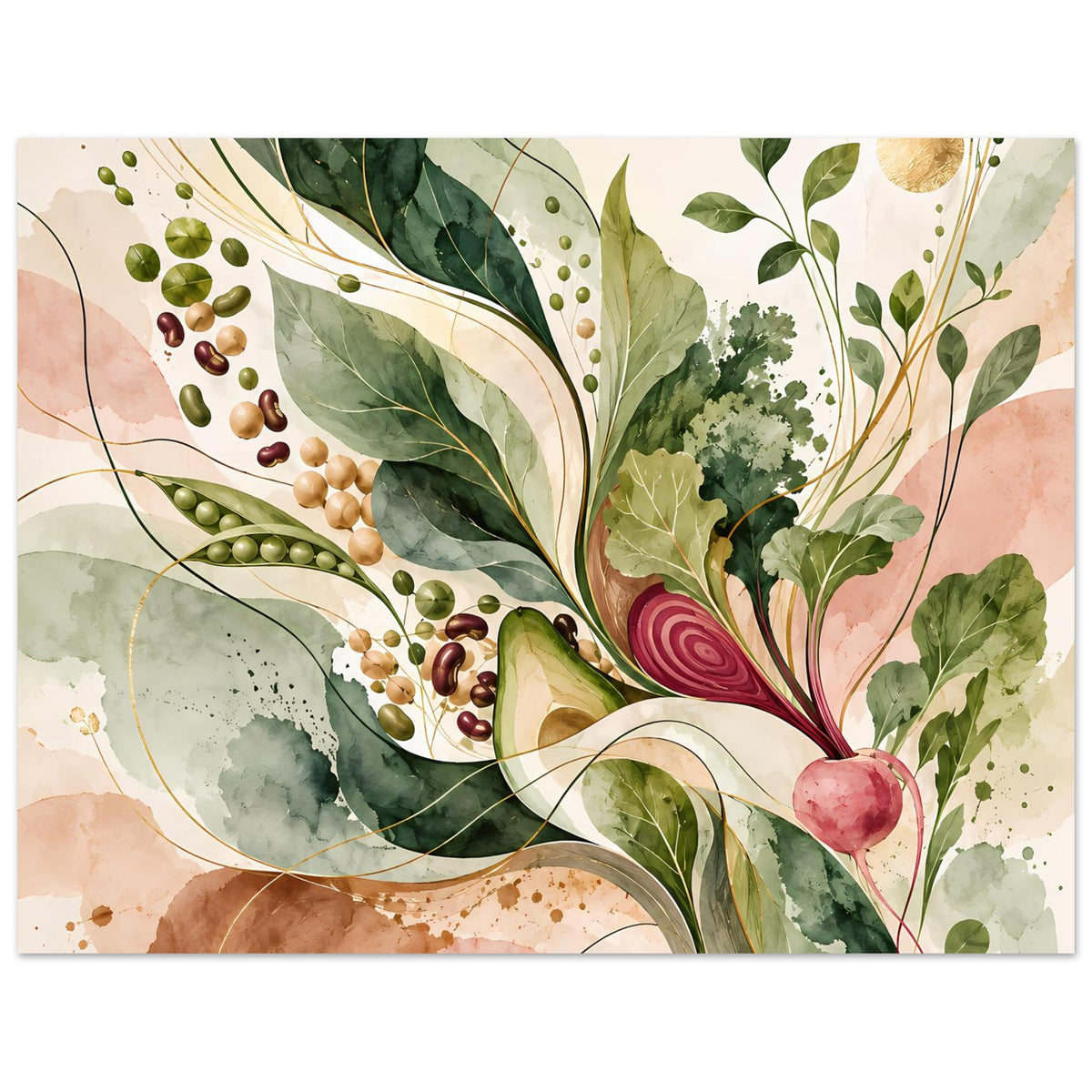 Naturposter mit botanischem Motiv in Salbeigrün, Beige und Rosé, Blättern und Gemüse