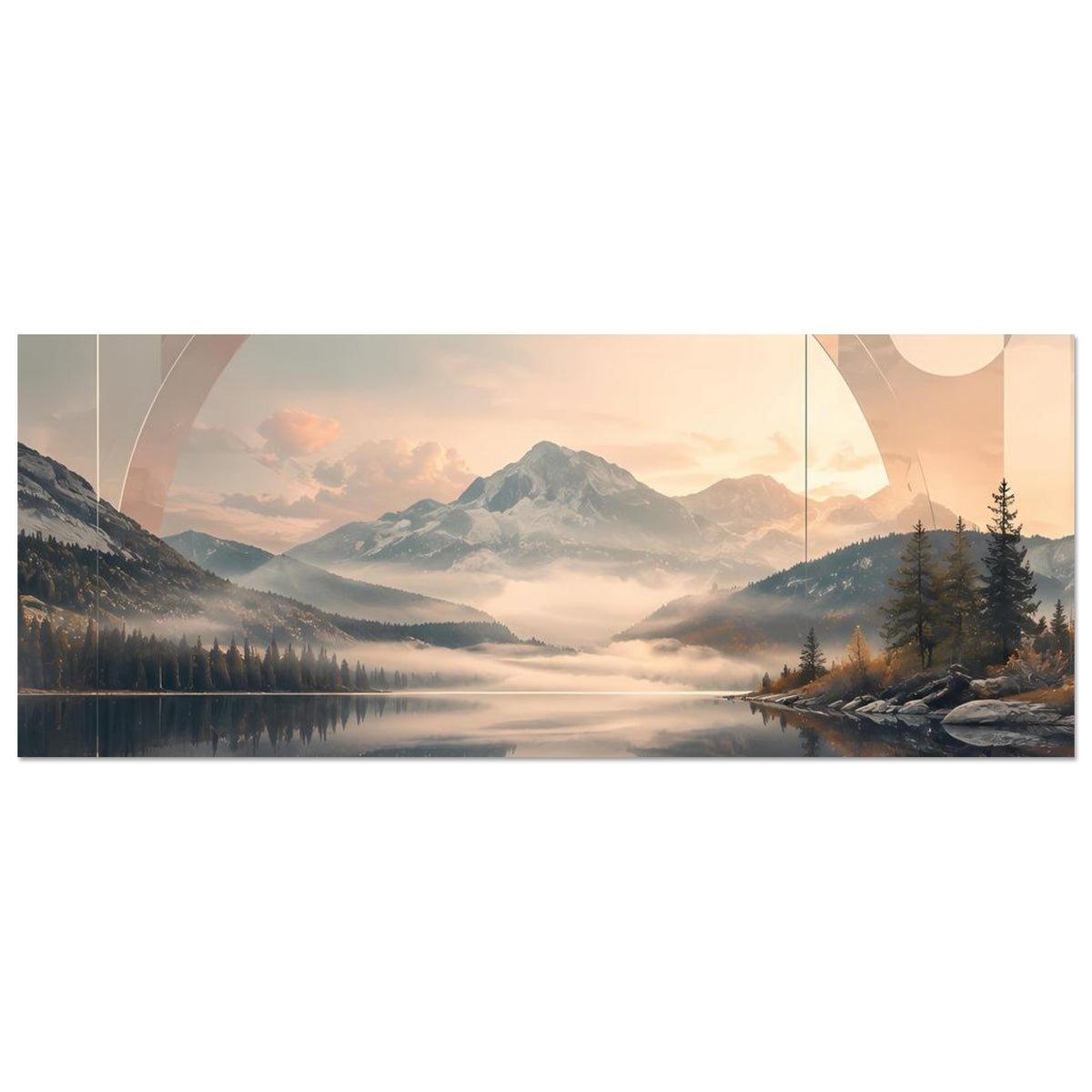 Horizontales Poster mit geometrischer Bergsee-Landschaft, Halbkreis-Overlay und Pastellton