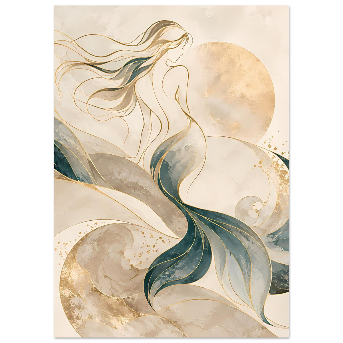Fantasy-Kunstposter mit Meerjungfrau-Illustration, cremefarben, türkisgrün und Goldkreisen