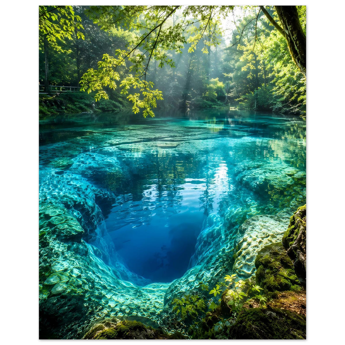 Vertikales Poster: Waldsee mit blaugrünem Wasser, Felsgrotte und Reflexionen auf ruhiger Oberfläche.