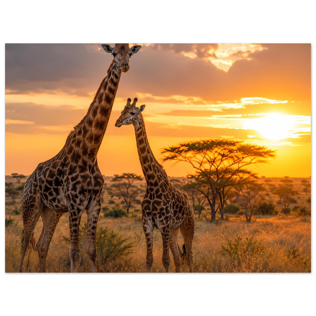 Safari-Sunset-Giraffenposter, horizontal: zwei Giraffen vor dem leuchtenden Himmel