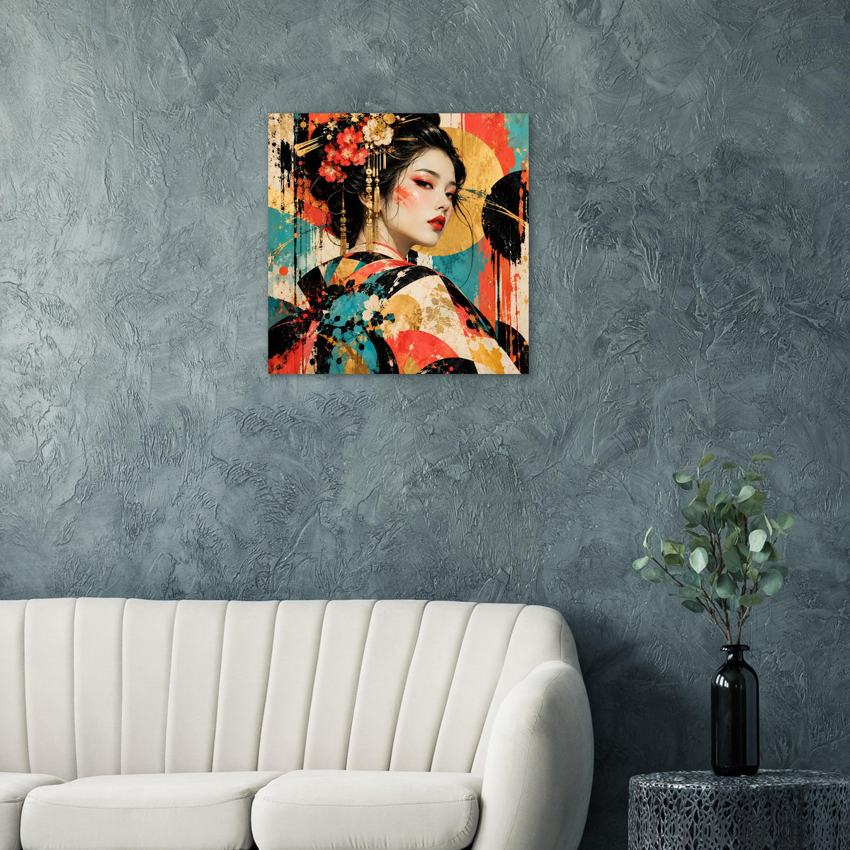 Kunstposter mit Geisha-Porträt, farbige Spritzer und florale Highlights auf dunklem Hintergrund