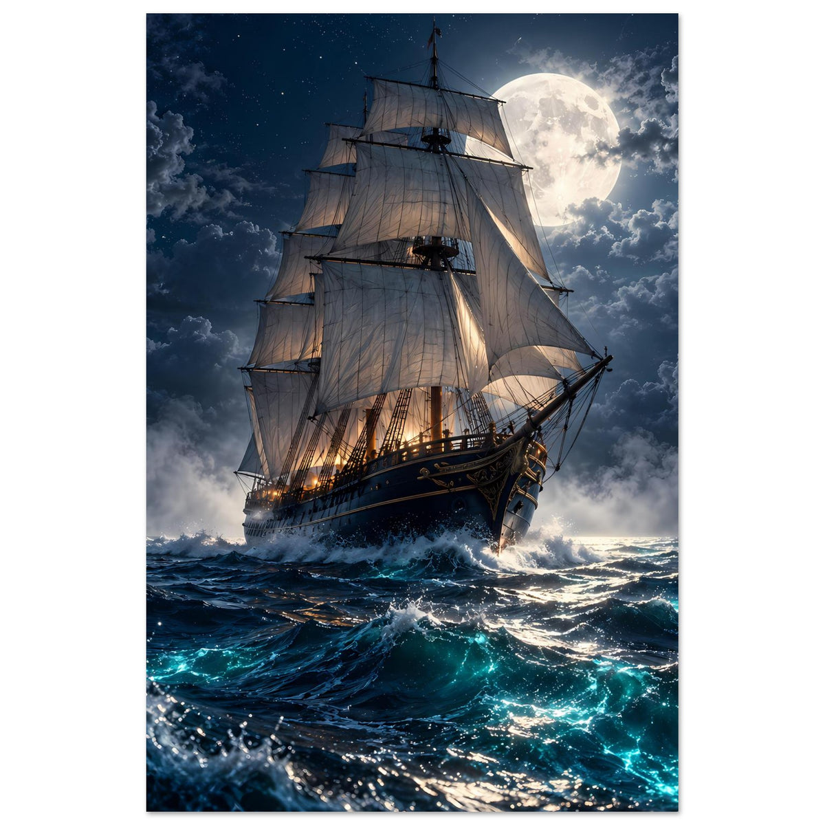 Segelschiff-Poster im Hochformat: Großsegel mit Licht im Inneren, Wellen im Vordergrund