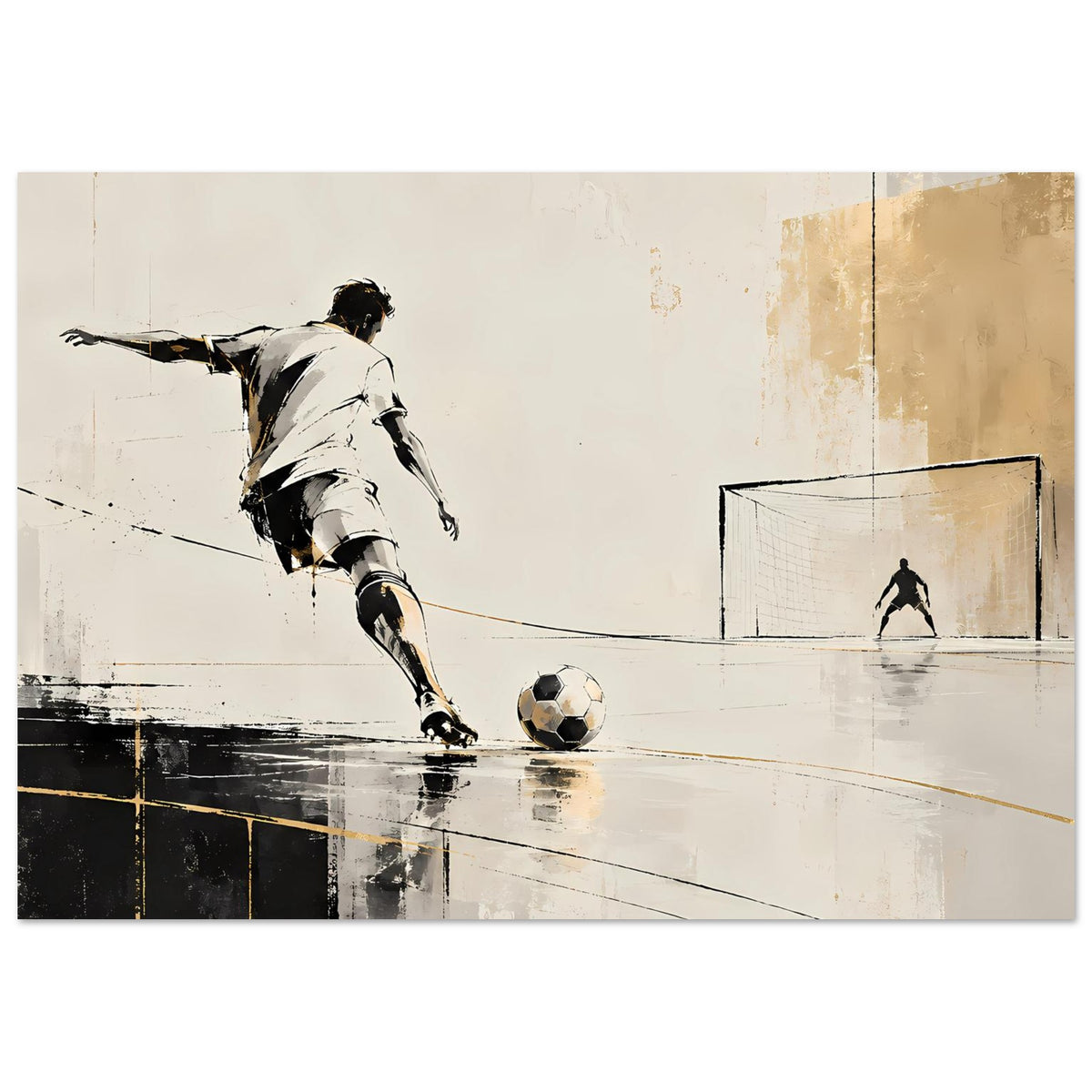 Fußballposter, Querformat: stilisierter Spieler mit Fußball, Toröffnung und Linien, abstrakt