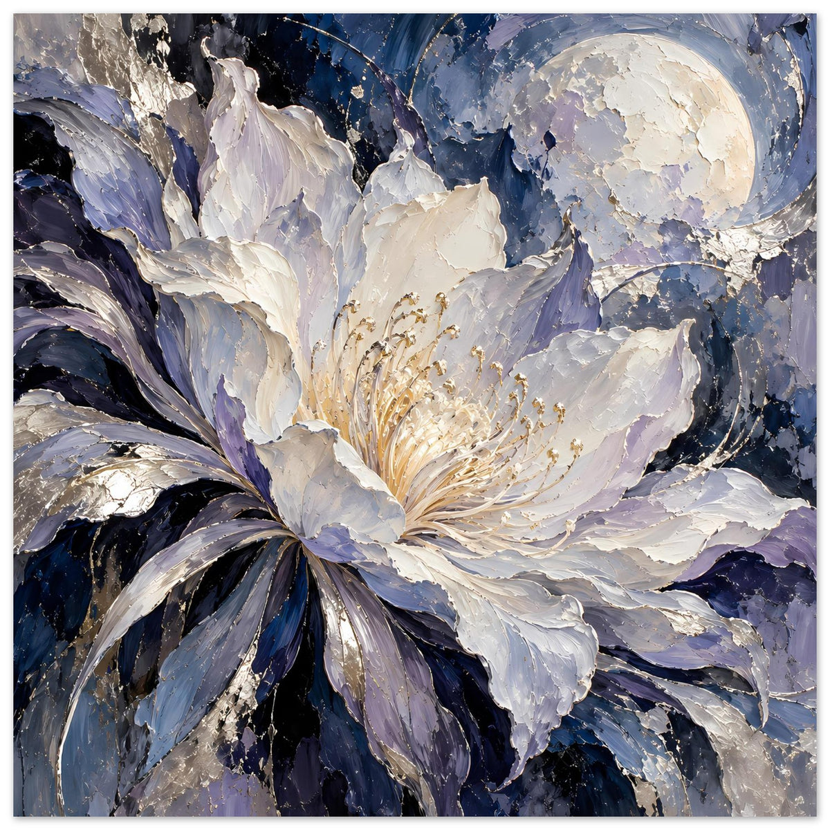 Poster im Nahansicht-Crop: abstrakte Blüte in Blau, Violett und Weiß mit goldenen Punkten