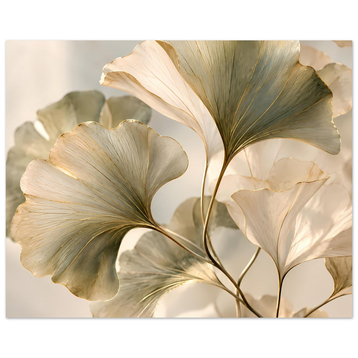 Botanisches Blätterposter mit cremefarbenen Blättern und goldenen Akzenten, dunklen Zweigen