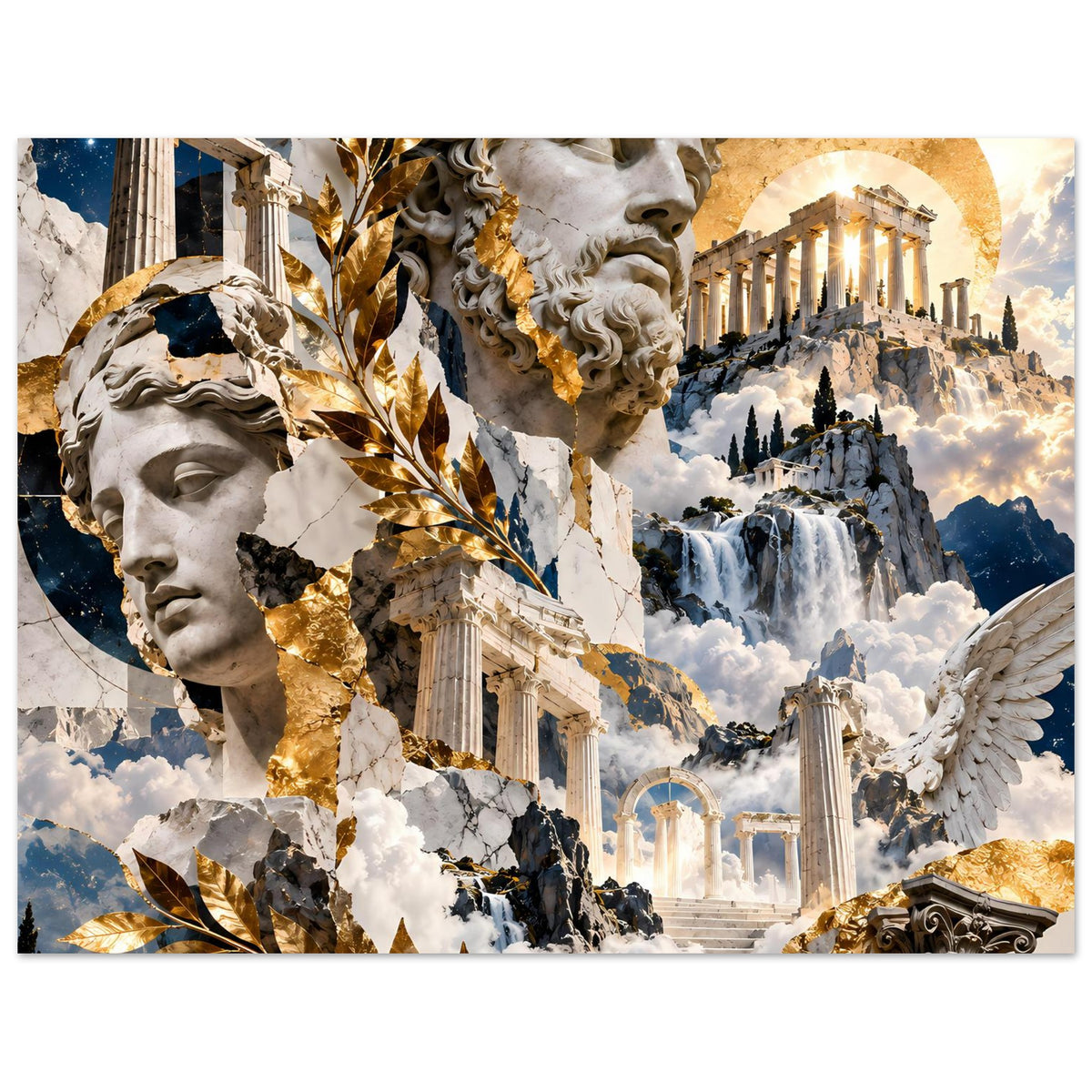 Mythologie-Collageposter mit klassischer Statue, Tempelsäulen und Engelsflügeln, horizontal