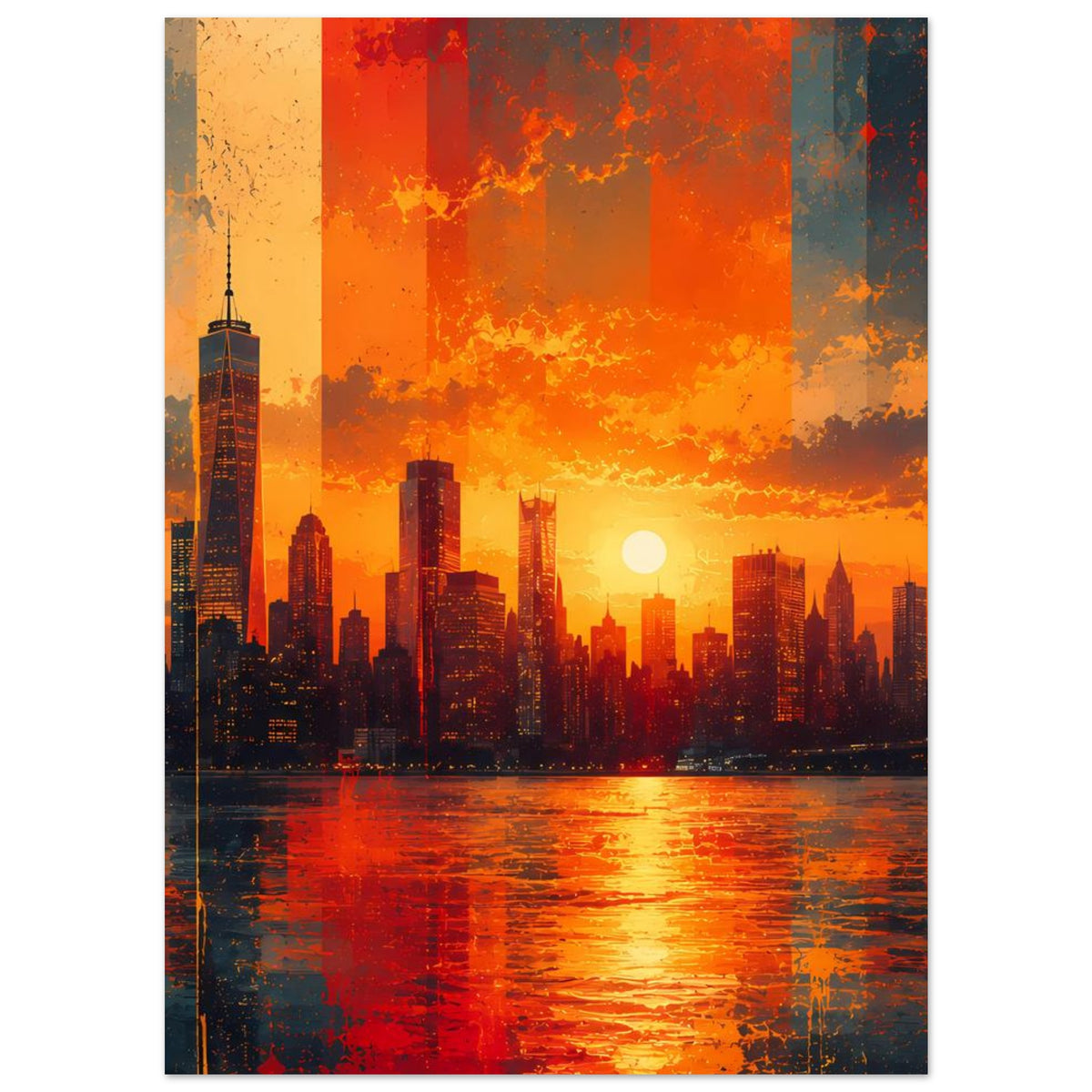 Poster mit Stadt-Skyline im Sonnenuntergang, orange-roter Himmel und dunkle Hochhäuser am Ufer.