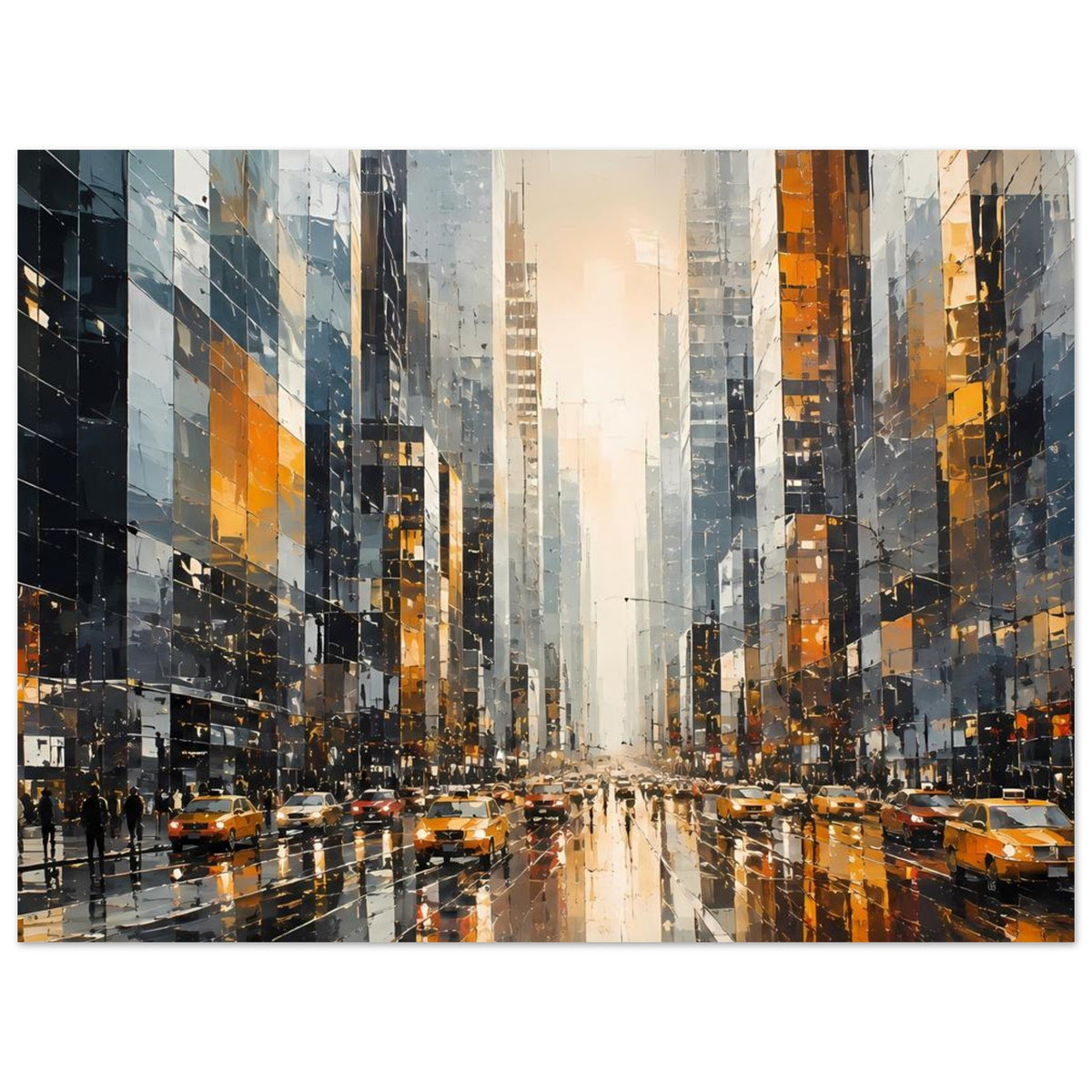 Großstadtposter mit gelben Taxis, regengetränkter Straße und hohen Wolkenkratzern