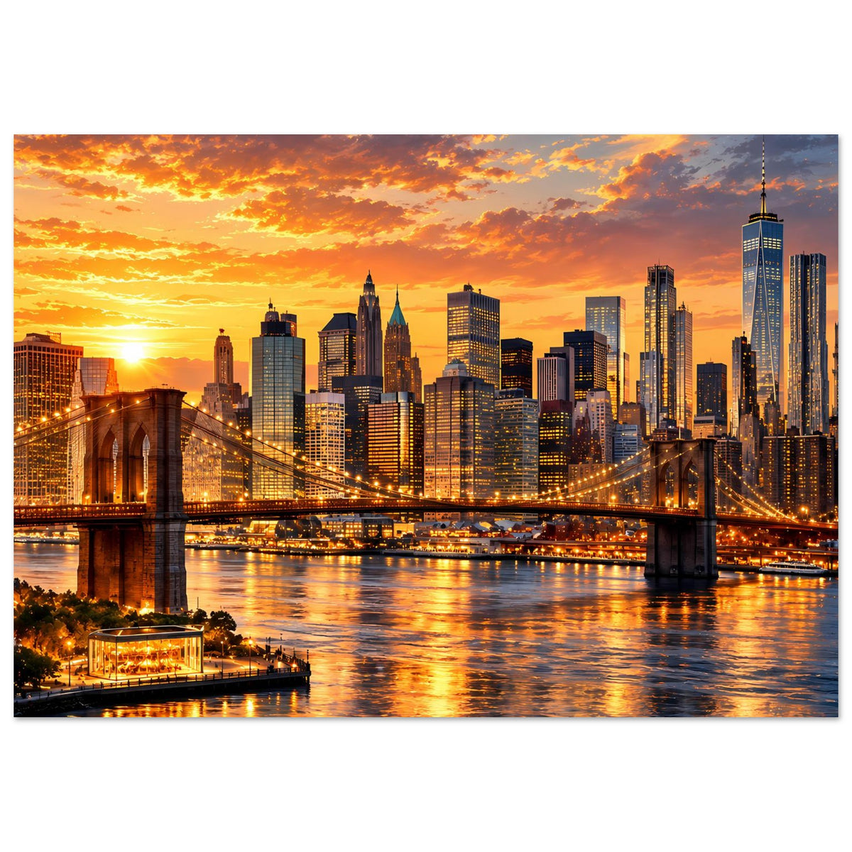 Stadtpanorama-Poster mit Brücke, Fluss und Wolken bei Sonnenuntergang, horizontal.