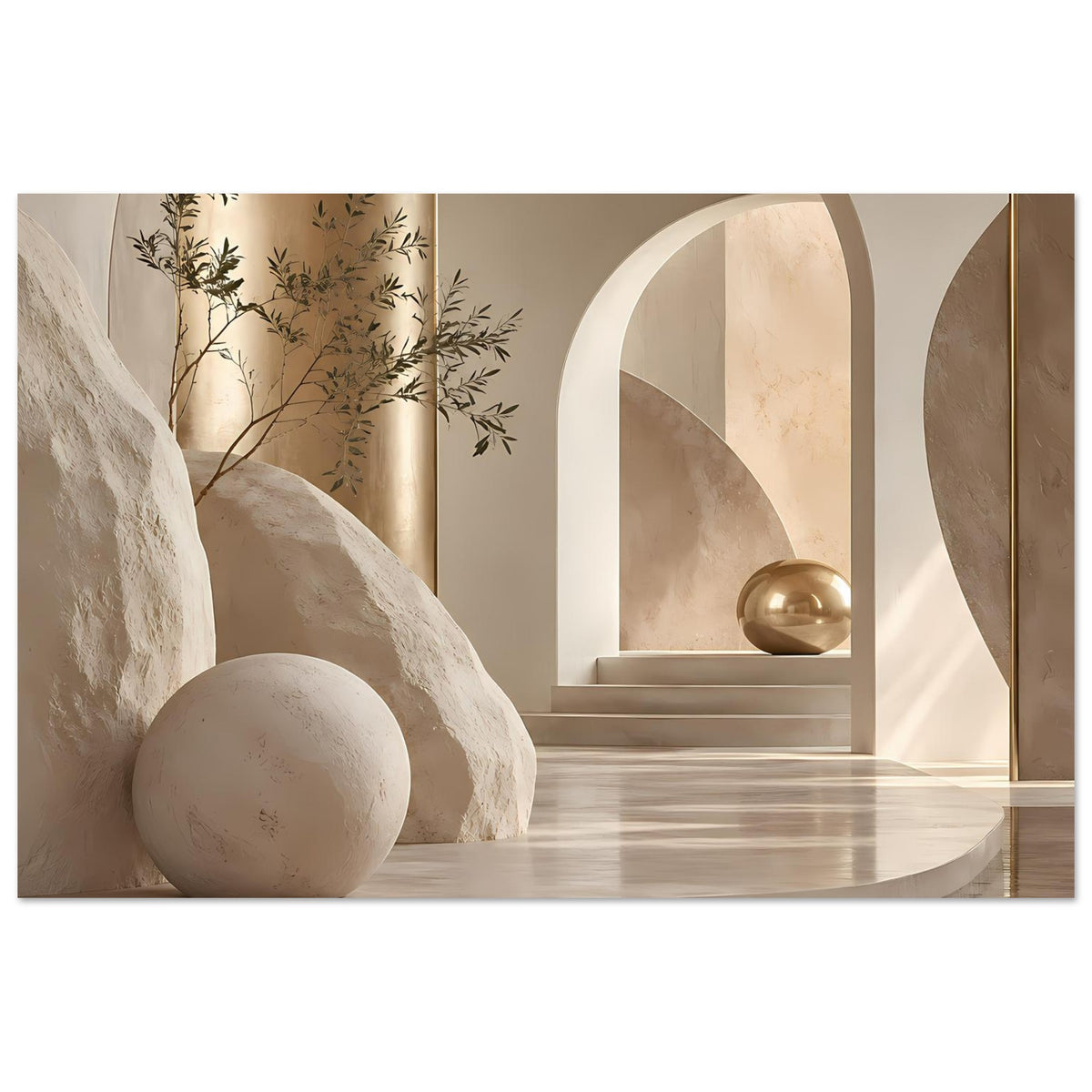 Architekturposter mit Bogengang, Steinkörpern und goldener Halbkugel, warmes Beige