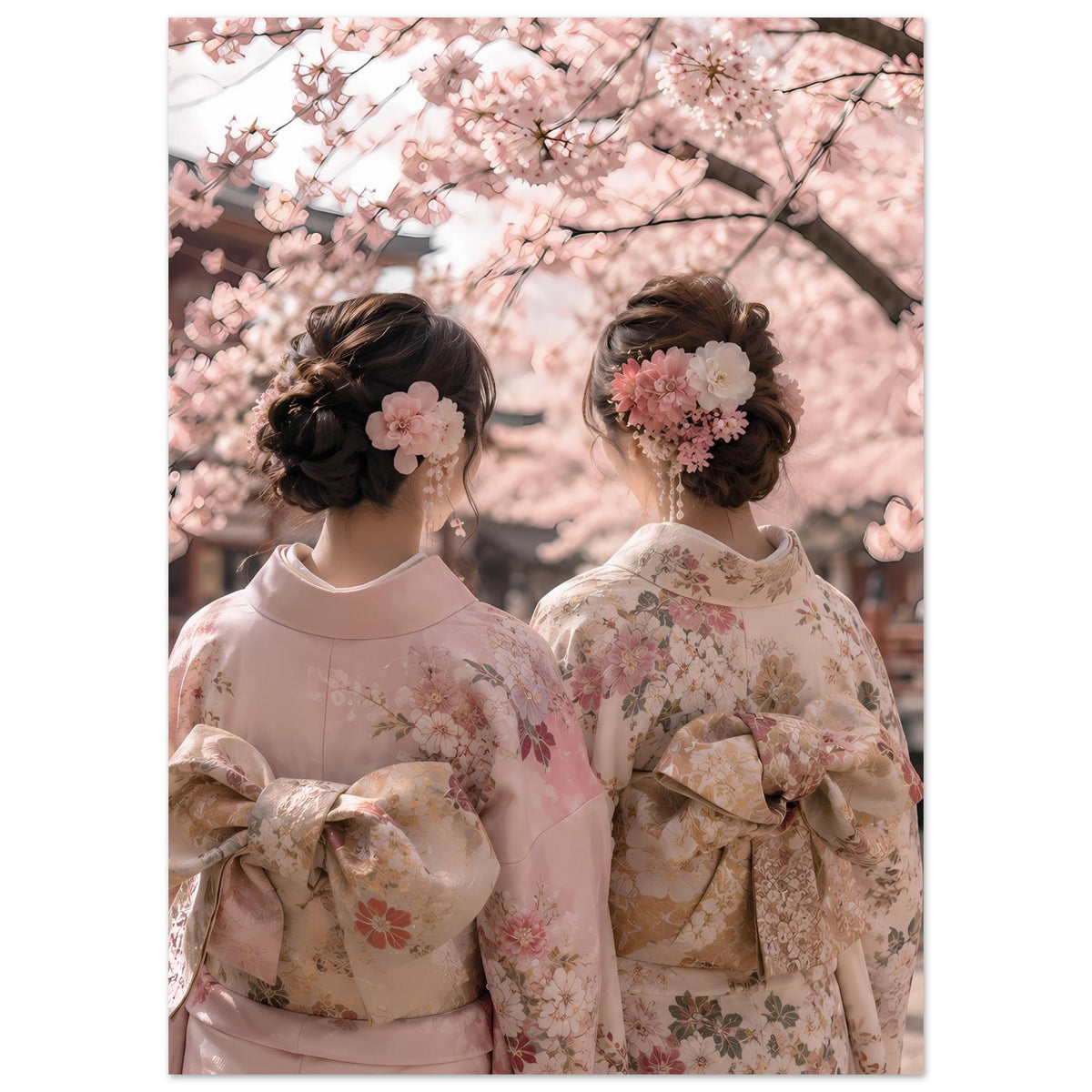 Kirschblüten-Kimono-Poster: zwei Frauen in Pastell-Kimonos, Haarschmuck im Fokus