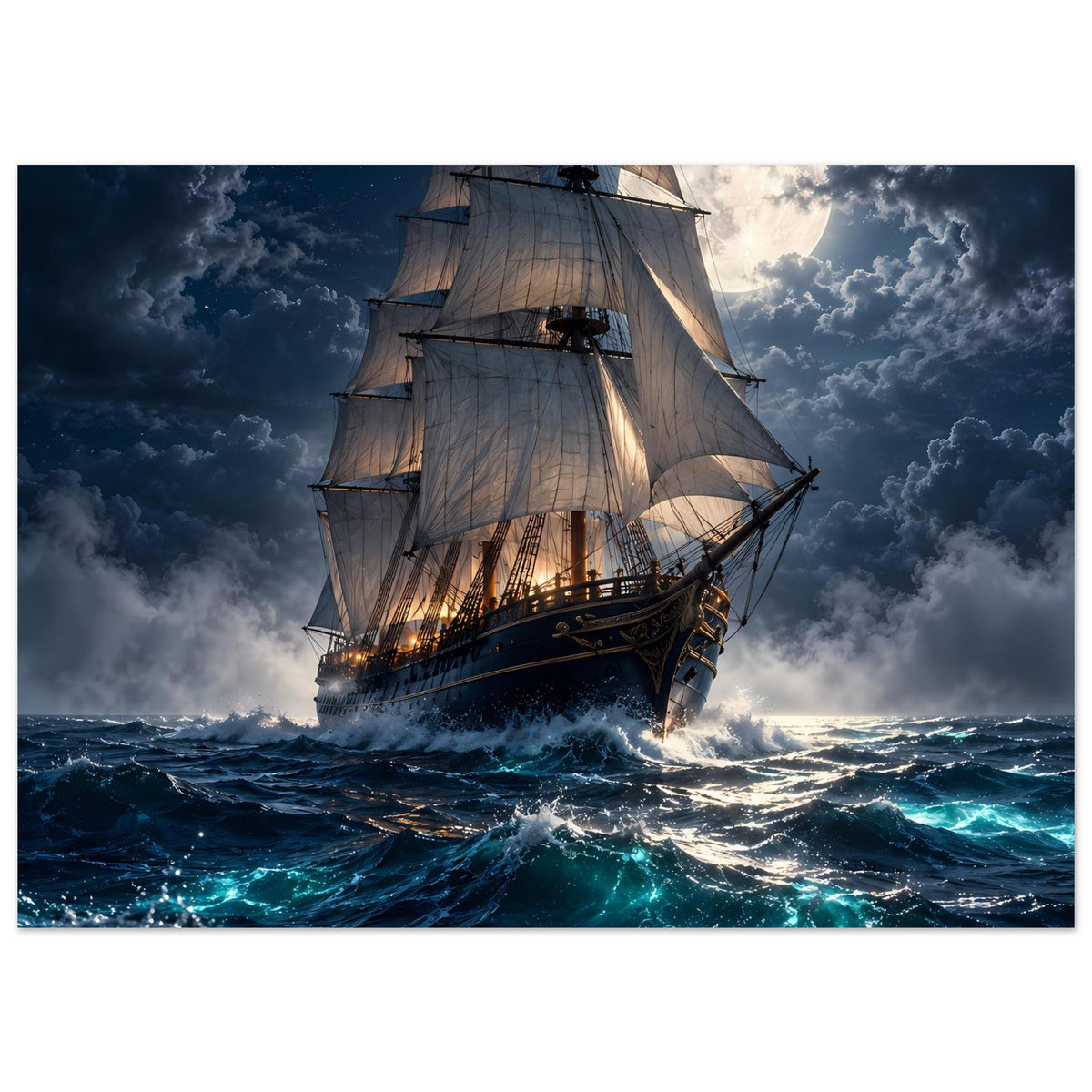 Querformat-Poster mit Segelschiff bei Vollmond, dunkle Wolken und türkis leuchtende Gischt
