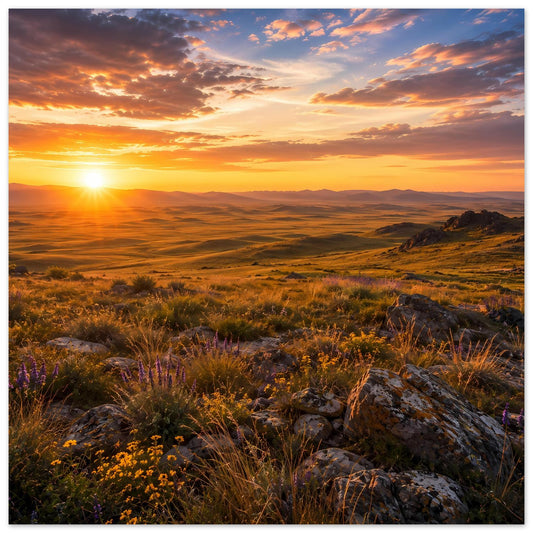 Naturposter im Quadratformat: Sonnenuntergang über Feldern, Felsbrocken und Wiesen