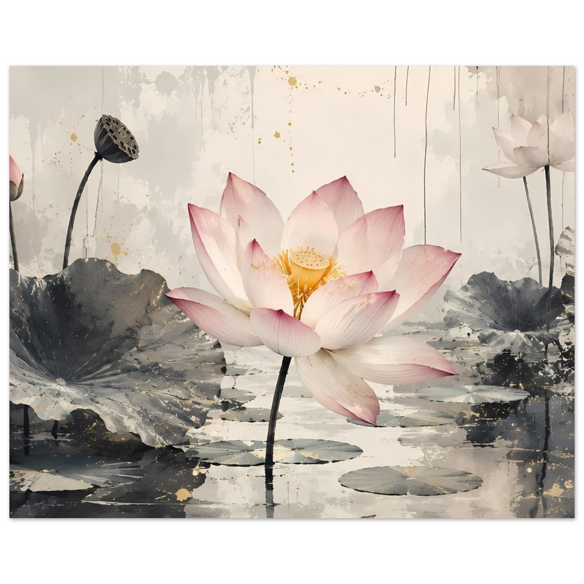 Poster mit Lotusblüte in Pastellrosa und grauen Wasserflächen, seitlich angedeutete Blüten