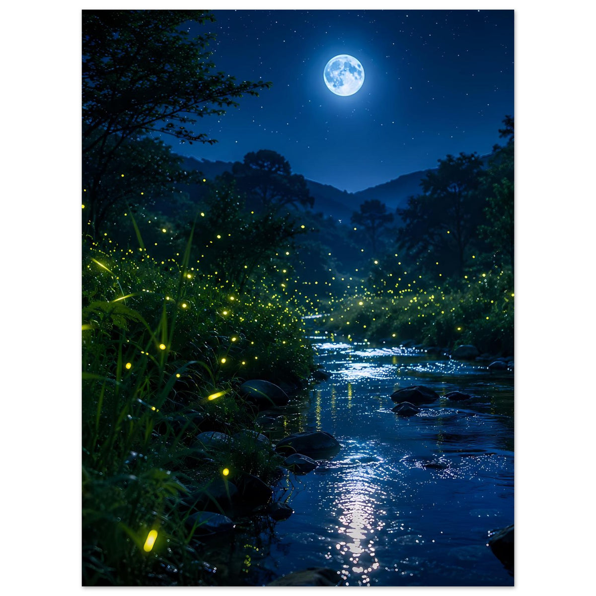 Wandposter: Mond über nächtlichem Fluss, leuchtende Glühwürmchen im Wald und Steinen