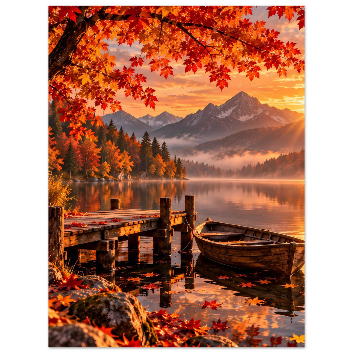 Poster im Hochformat: herbstliche Berge, roter Blattkranz, ruhiger See, Steg und Boot.