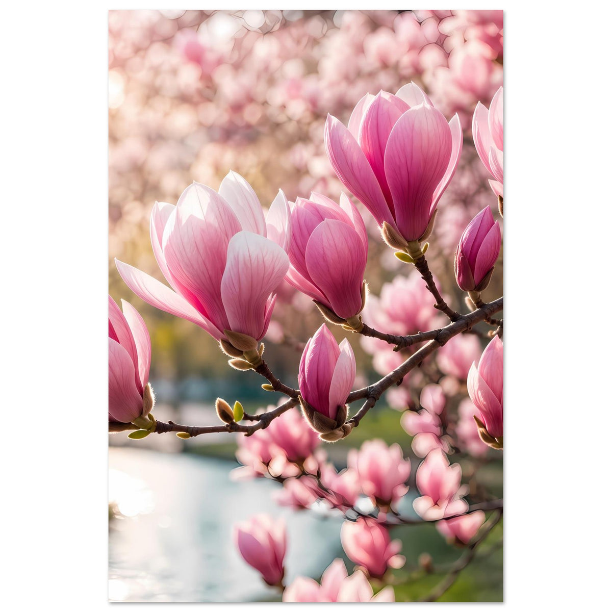 Blumenposter, Magnolienblüten in Pink und Weiß am Zweig, seitlicher Fokus