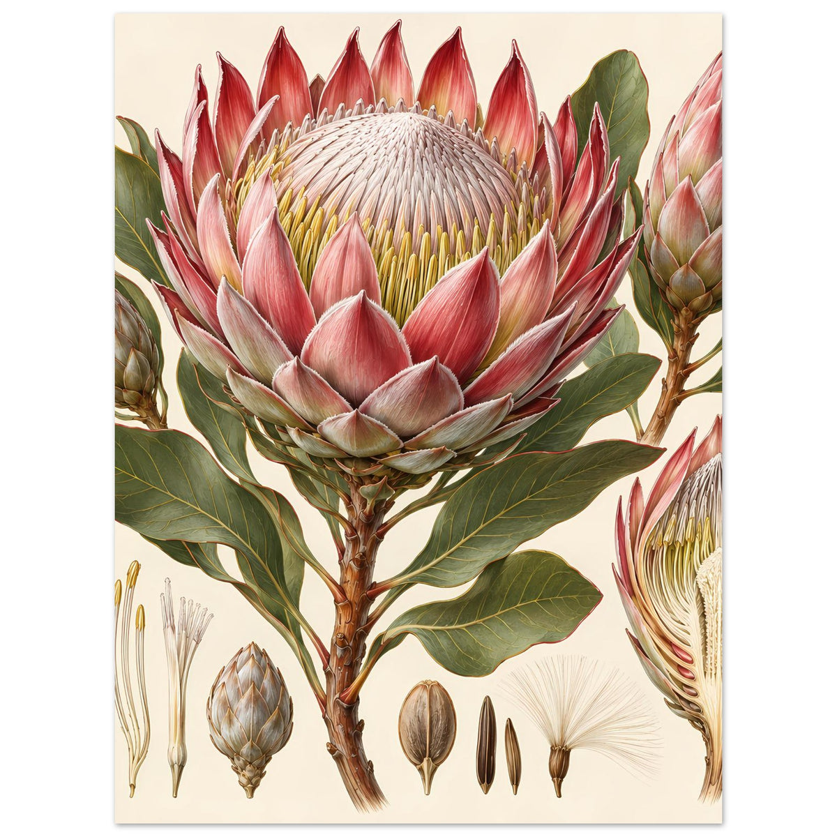 Protea-Blumenposter, Detailansicht einer rosa Blüte mit Knospen und Blättern