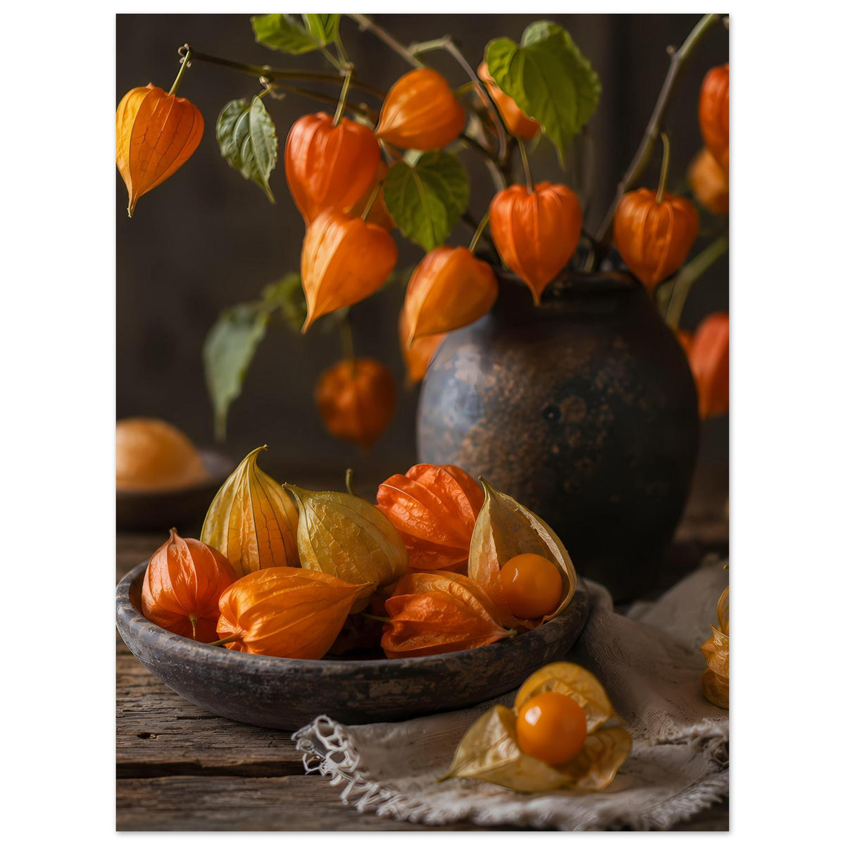 Vertikales Herbstposter: Kürbisse in Schüssel und Vase mit grünen Blättern, orangefarben
