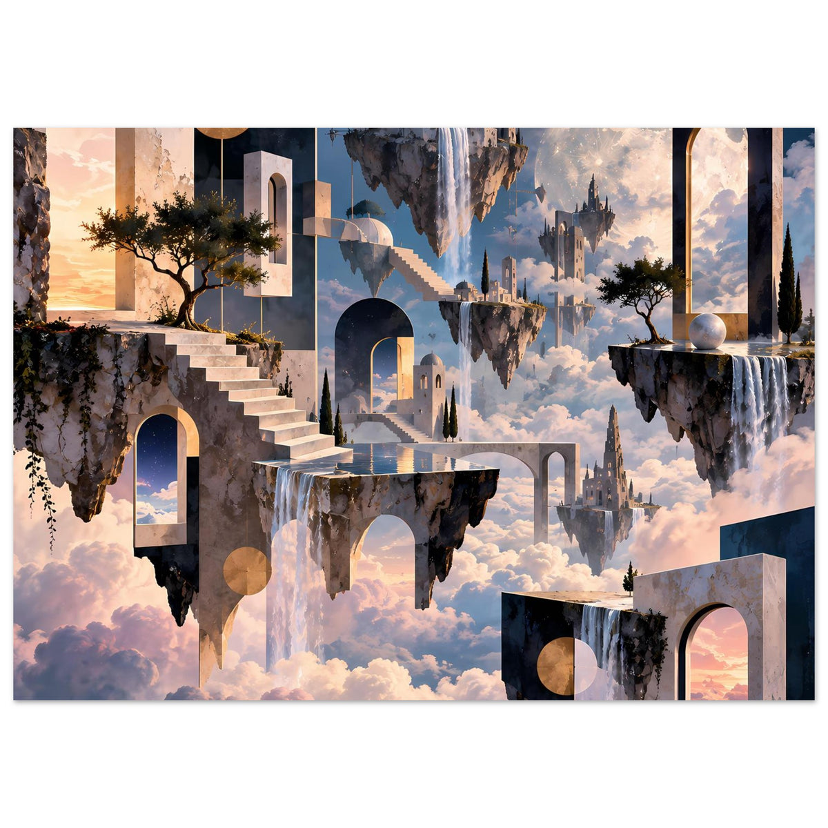 Horizontales Poster: schwebende Inseln mit Treppen, Gewölbebögen, Fenstern und Wolkenmeer