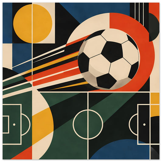 Abstraktes Sportposter mit Fußball, geometrischen Linien und farbigen Rechtecken