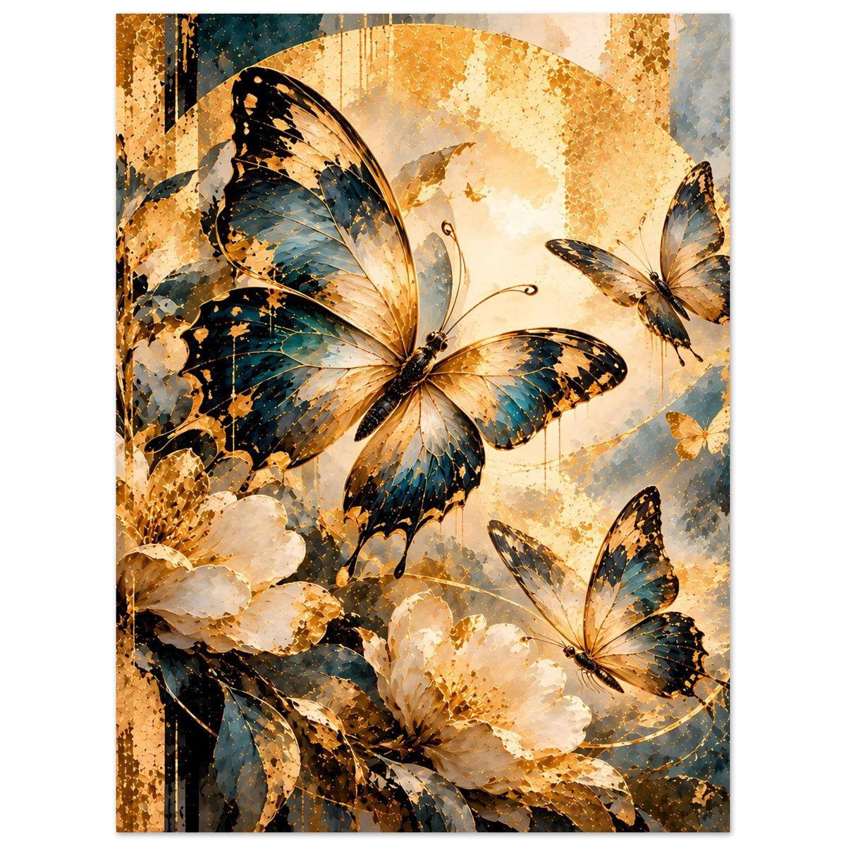 Schmetterlings-Poster mit gold-blauem Schmetterlingsmotiv, mehrfarbig, vertikal