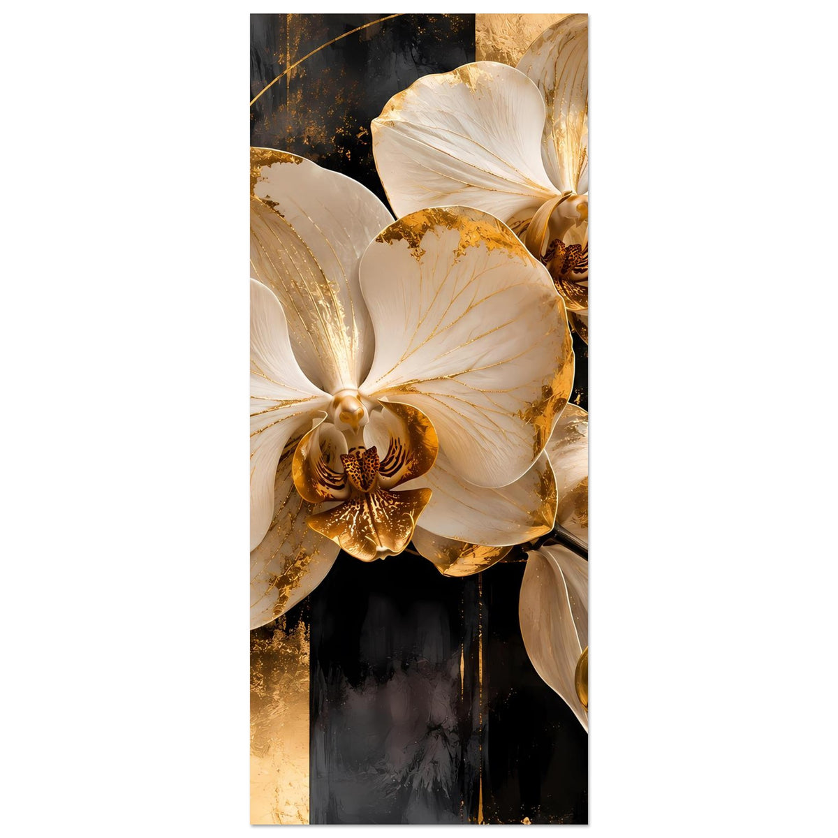 Vertikales Poster-Ausschnittmotiv: weiße Orchideenblüten mit goldenen Akzenten