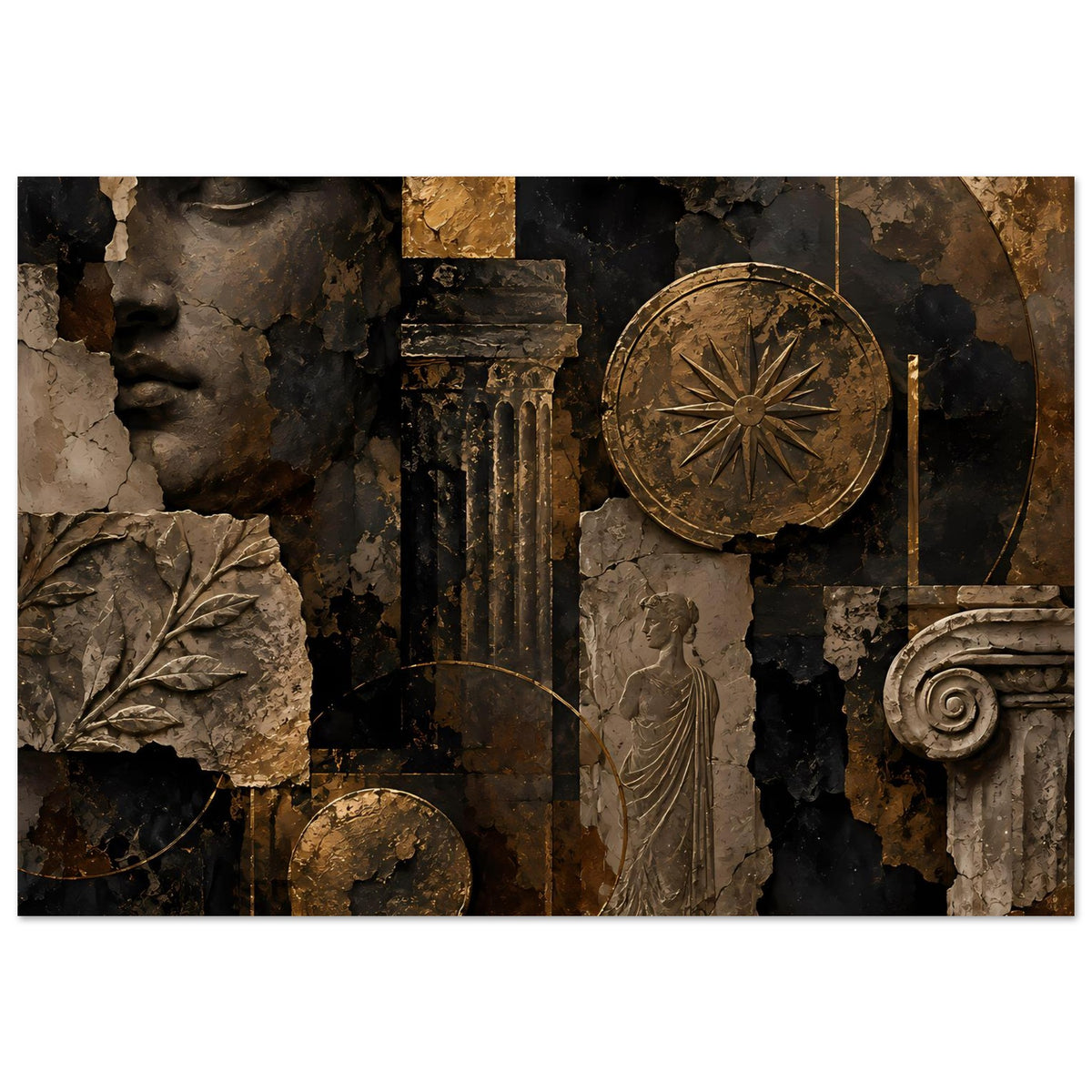 Wandposter Querformat mit antikem Relief in Bronze und Schwarz, Kopf links, Säule und Rad