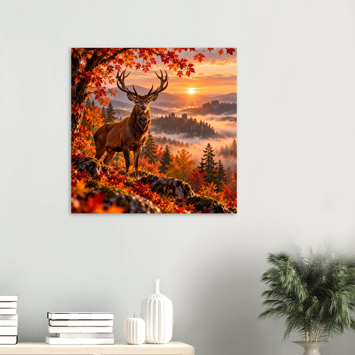 Hirschposter im Raumarrangement: Geweihhirsch, Herbstblätter in Orange und Sonnenuntergang