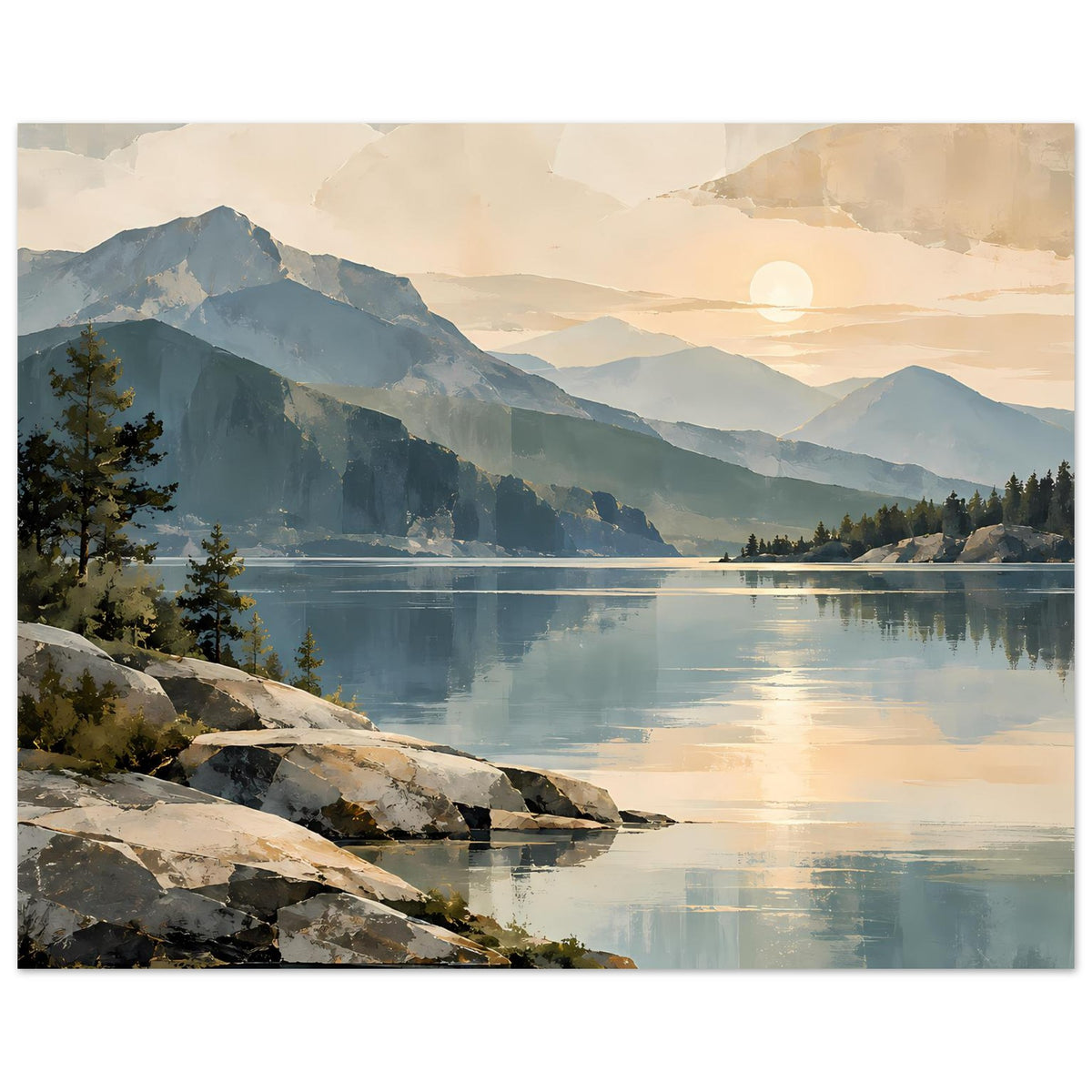 Horizontales Poster: See bei Sonnenaufgang mit Bergen, Felsen im Vordergrund und Spiegelung