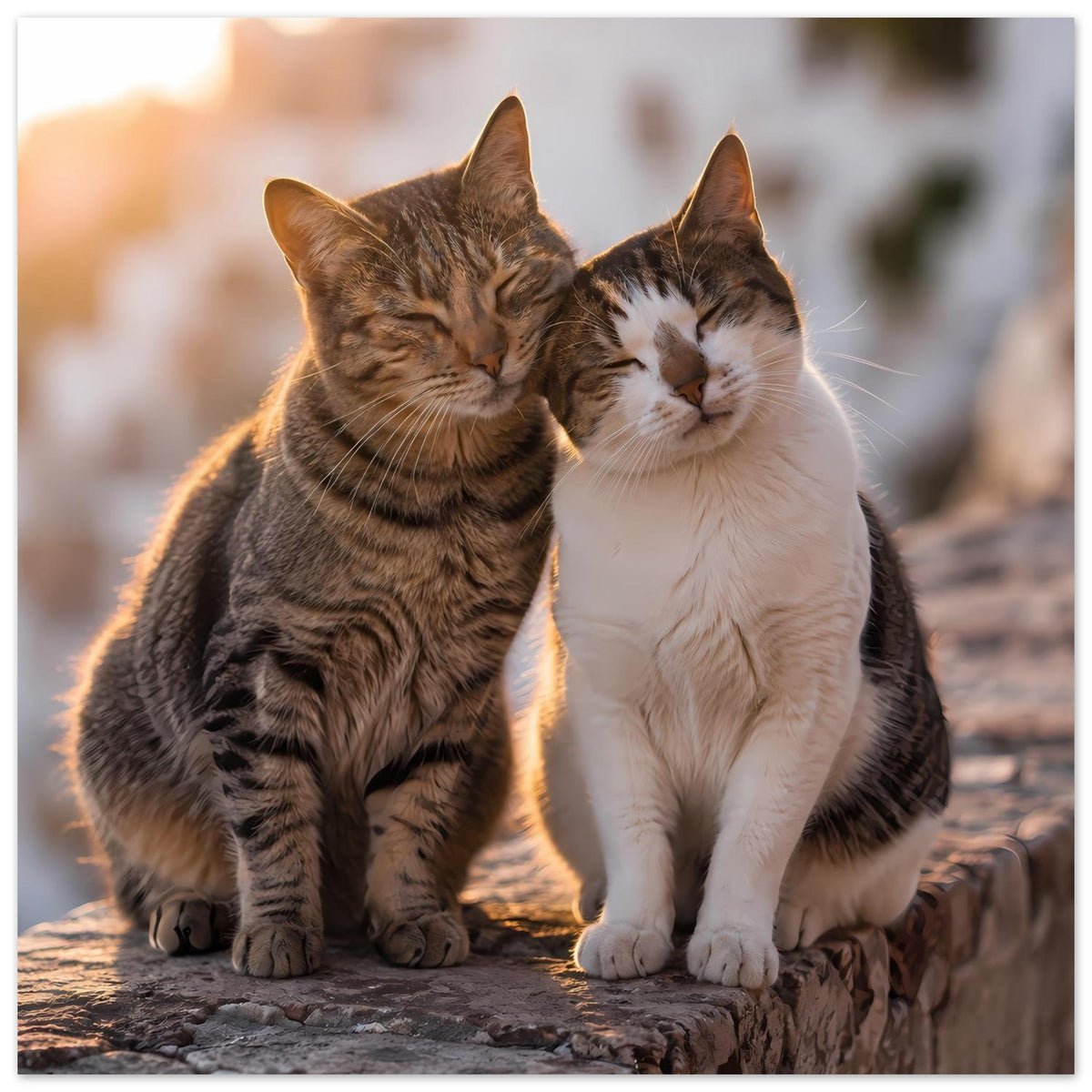 Katzenszene-Poster mit zwei Katzen, grau getigert und weiß, aneinander gelehnt
