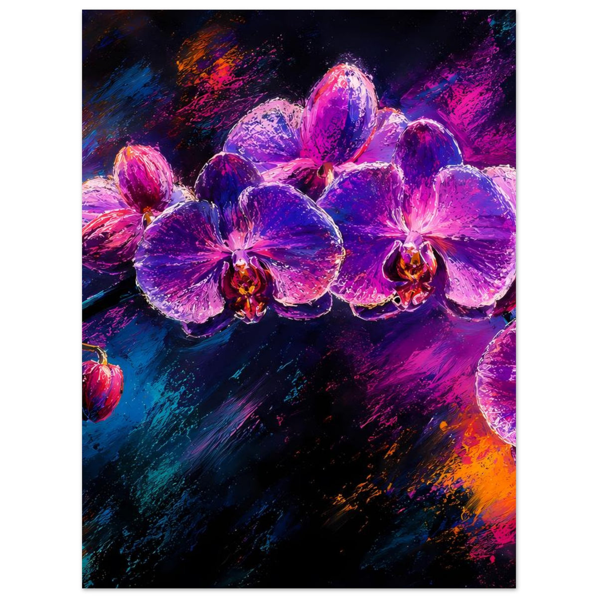 Poster mit leuchtenden Orchideen in Lila und Pink auf abstraktem Farbschimmer