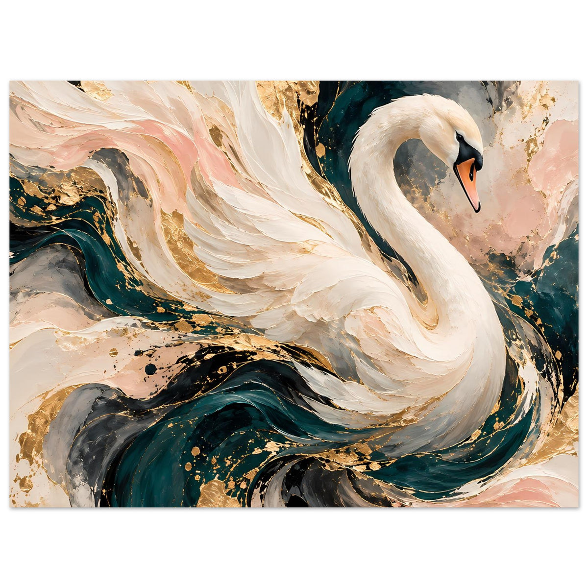 Kunstposter, Ausschnitt mit weißem Schwan und goldenen Farbsprenkel-Details