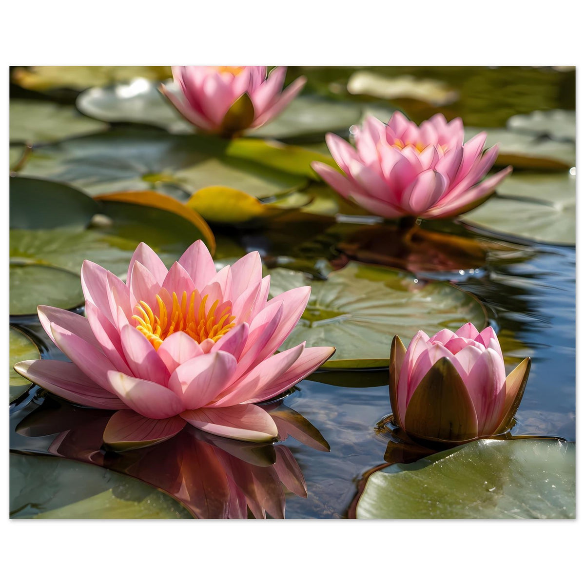 Poster mit rosa Seerosenblüten und grünen Blättern auf ruhigem Wasser