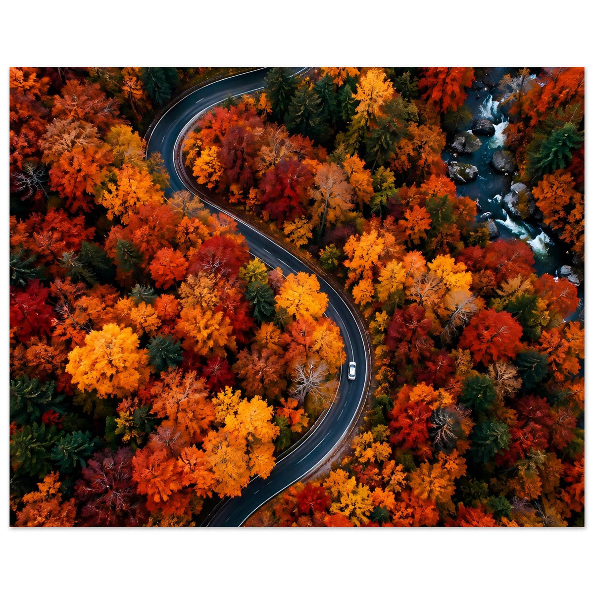 Poster mit Straße in S-Form durch herbstliche Baumkronen, mit Bach und Felsnähe