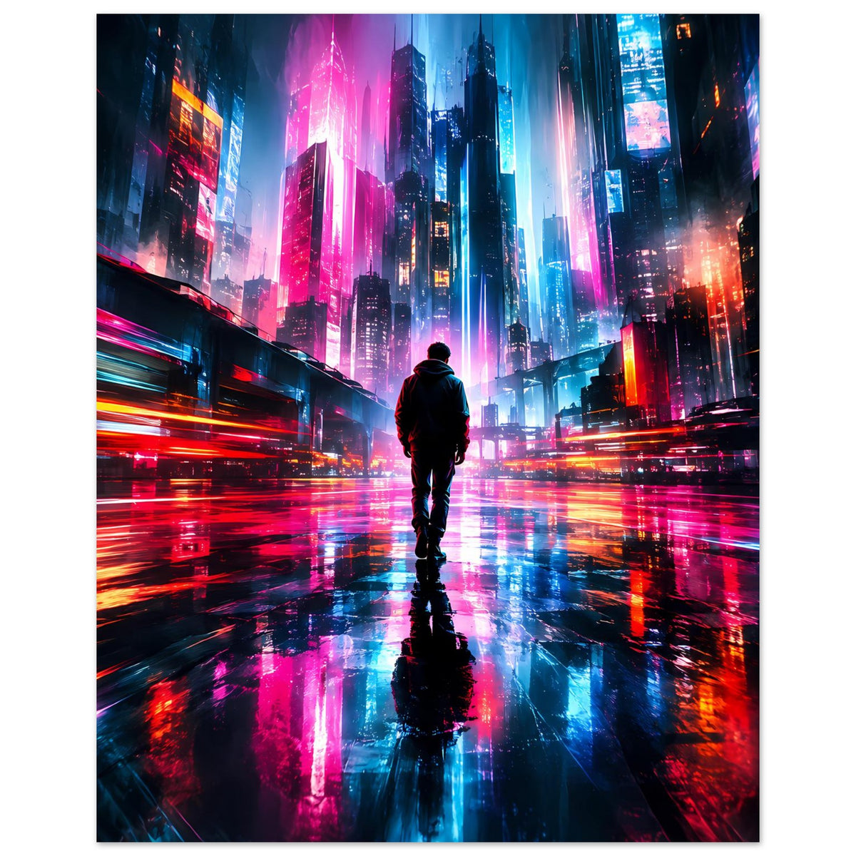 Hochformat-Cyberpunk-Poster Neonstadt mit Person im Rücken, leuchtenden Türmen und Reflexen