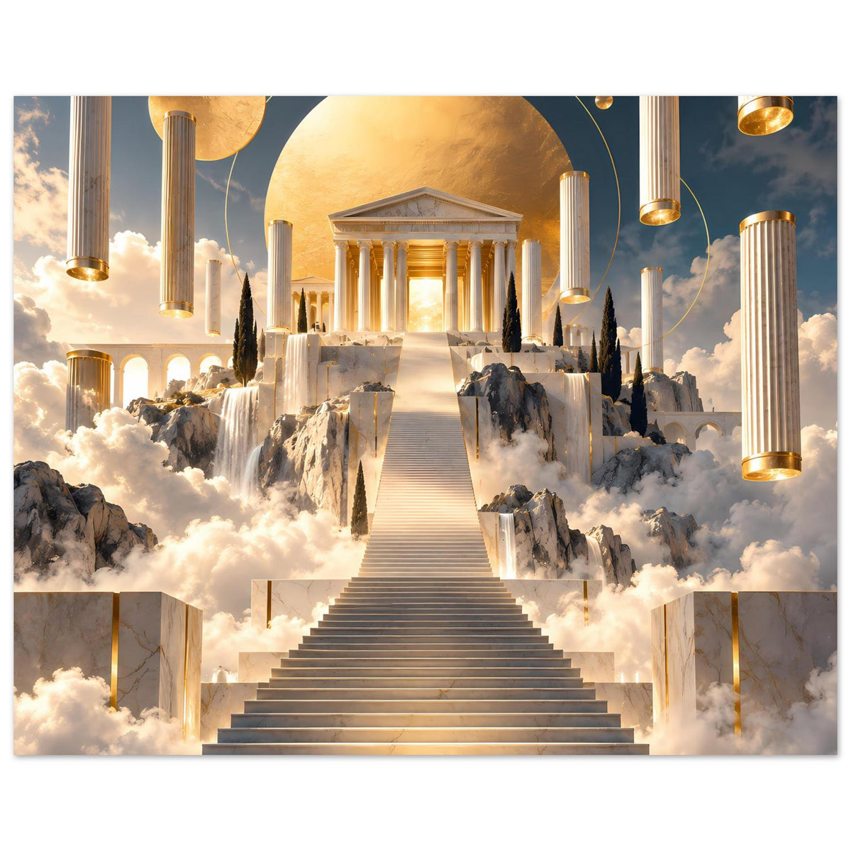Kunstposter, stärker zugeschnitten: Treppe, Säulen und goldener Bogen im Zentrum