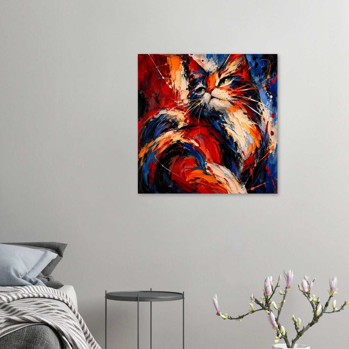 Kleines Wandposter mit abstrakter Katze, Rot-Blau-Kontrast und helle Highlights