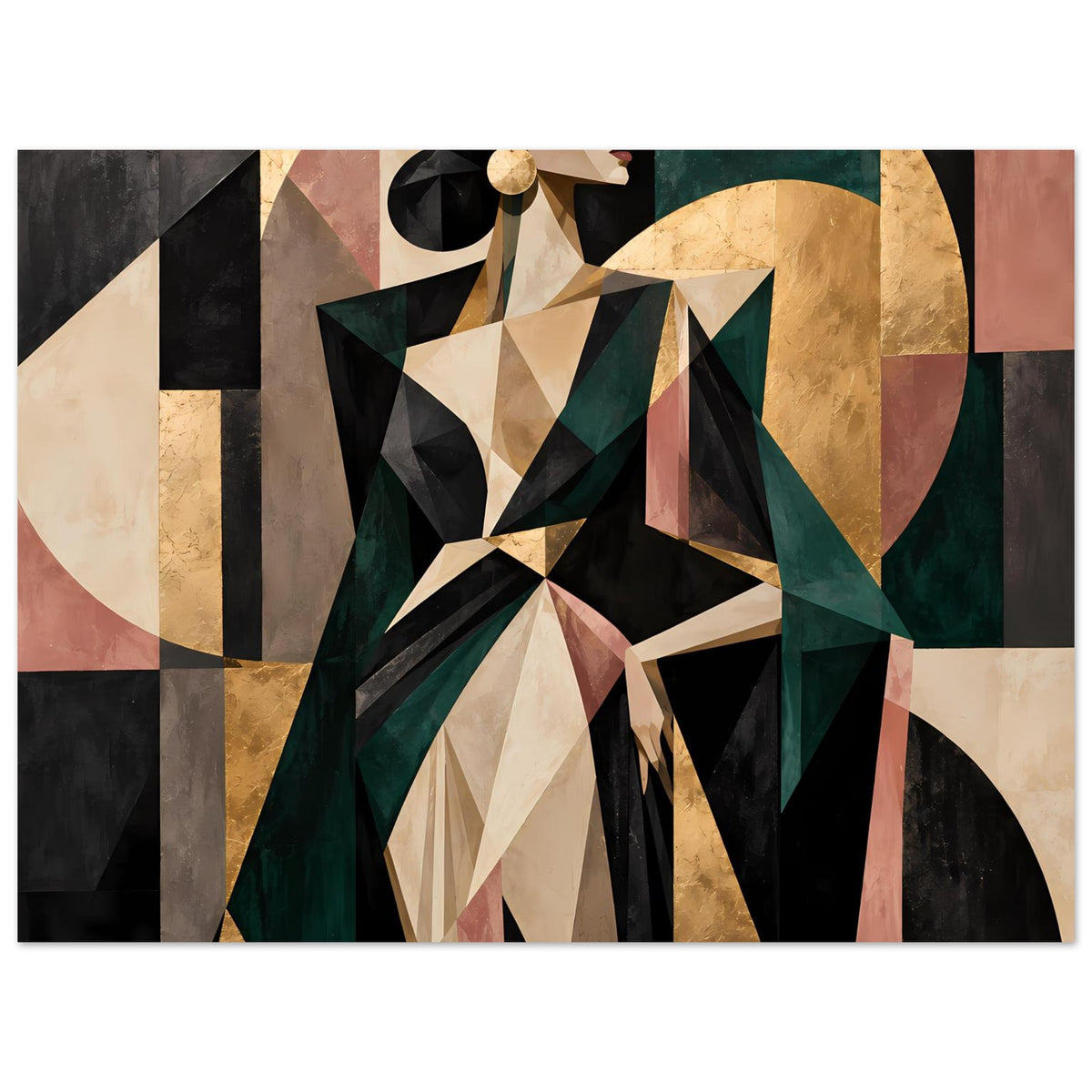 Abstraktes Poster mit geometrischer Frauenfigur, kontrastreiche Flächen in Olivgrün und Gold