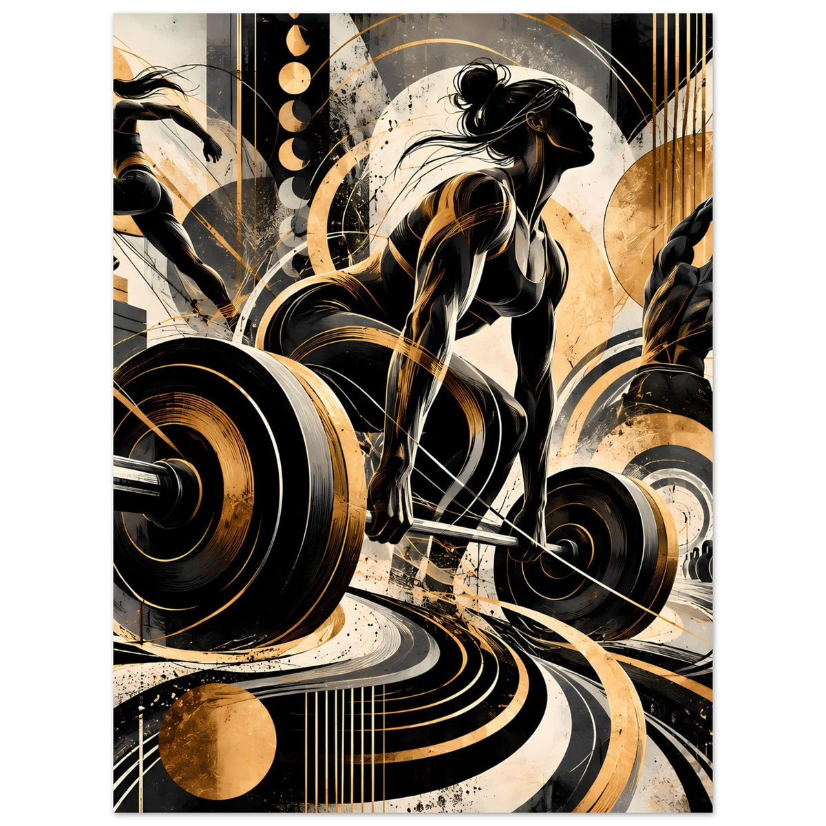 Fitness-Action-Poster: Frauen-Silhouette mit Hantelstange, Gold-Schwarz-Grafik und Wellenlinien