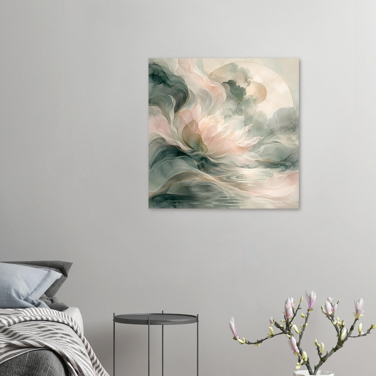 Quadratisches Poster mit abstraktem Blumenmotiv in Pastellrosa, Salbeigrün und Beige