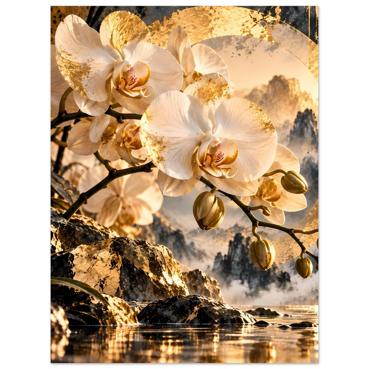 Orchideenwandbild mit weißen Orchideenblüten, goldener Farbstruktur, dunklen Astzweigen