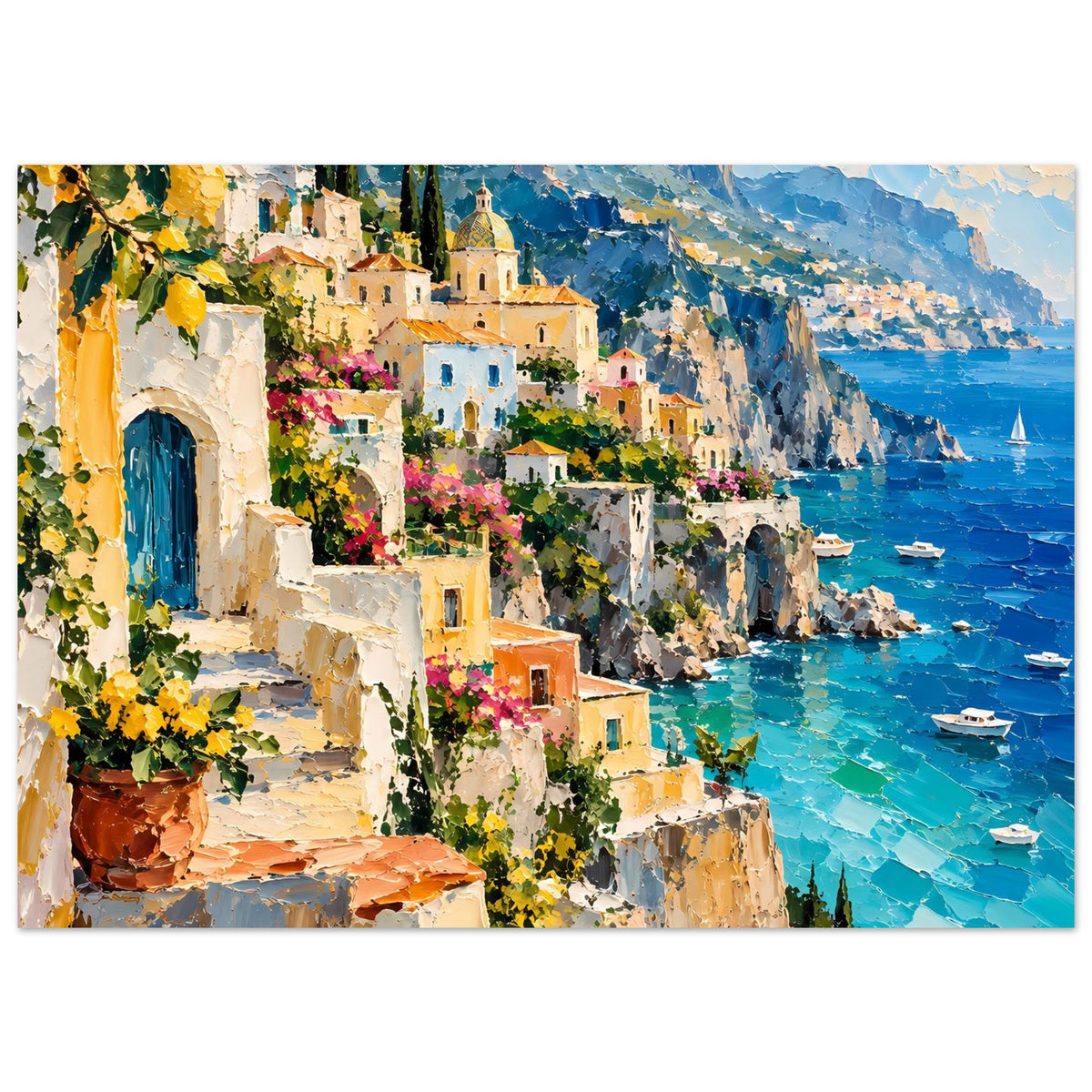 Horizontales Poster: steinerne Häuser am Hang, Blumen, türkisblaues Wasser und Boote