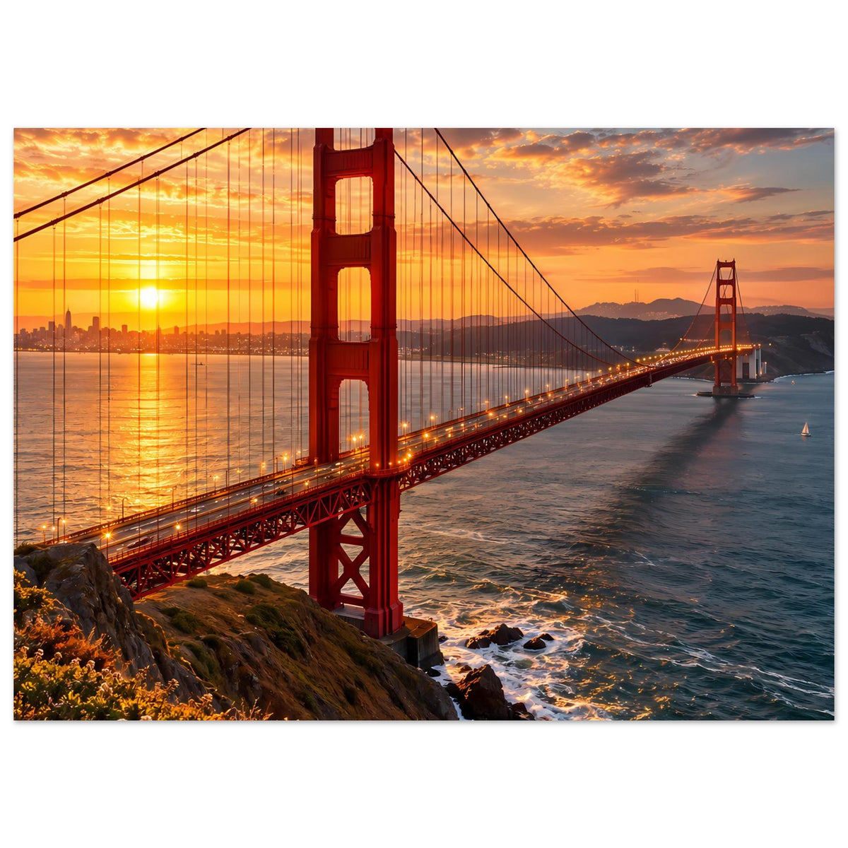 Golden-Gate-Brückenposter im Sonnenuntergang, horizontales Motiv mit roter Brücke über Meer